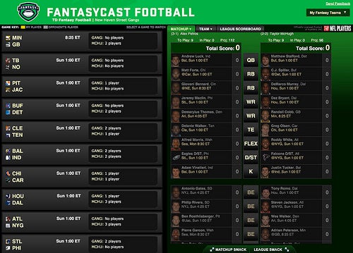 The &quot;FantasyCast Football&quot; app dashboard, with a list of upcoming games and a league scoreboard.
