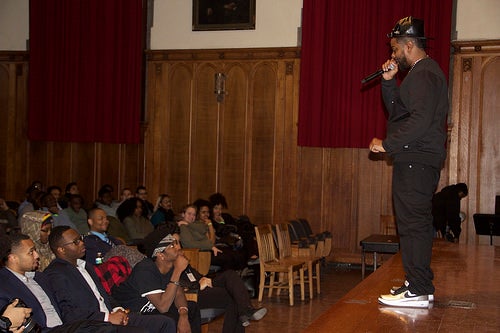 A speaker at the black solidarity conference holds the crowd's attention.