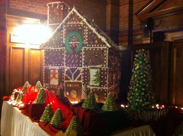 An enormous gingerbread house on display at the Holiday Dinner.