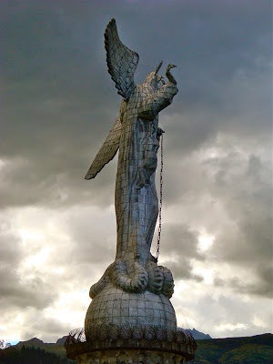 A tall statue of the holy figure &quot;The Virgin of Quito&quot;.