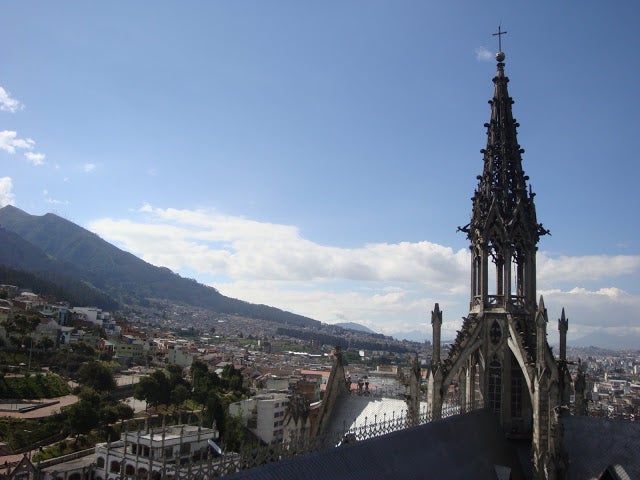 The roof and spire of the Basílica del Voto Nacional in Quito.