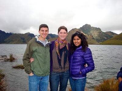 Three Yalies in the study abroad program, on the shore of a mountainside lake in Quito.