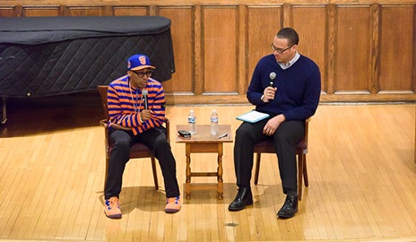 Spike Lee and Dean Holloway speaking on blackness on college campuses