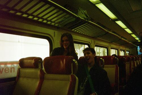 Me and the play's producer smiling on the train down to New York City, shot on film.