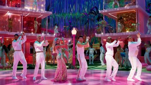 Still from Gerwig's film &quot;Barbie&quot; during glamorous dance scene to &quot;Dance the Night Away&quot; by Dua Lipa