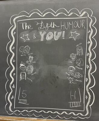 Chalkboard drawing of the members of the Fifth Humour that auditionees take a picture with so we can remember their beautiful face!