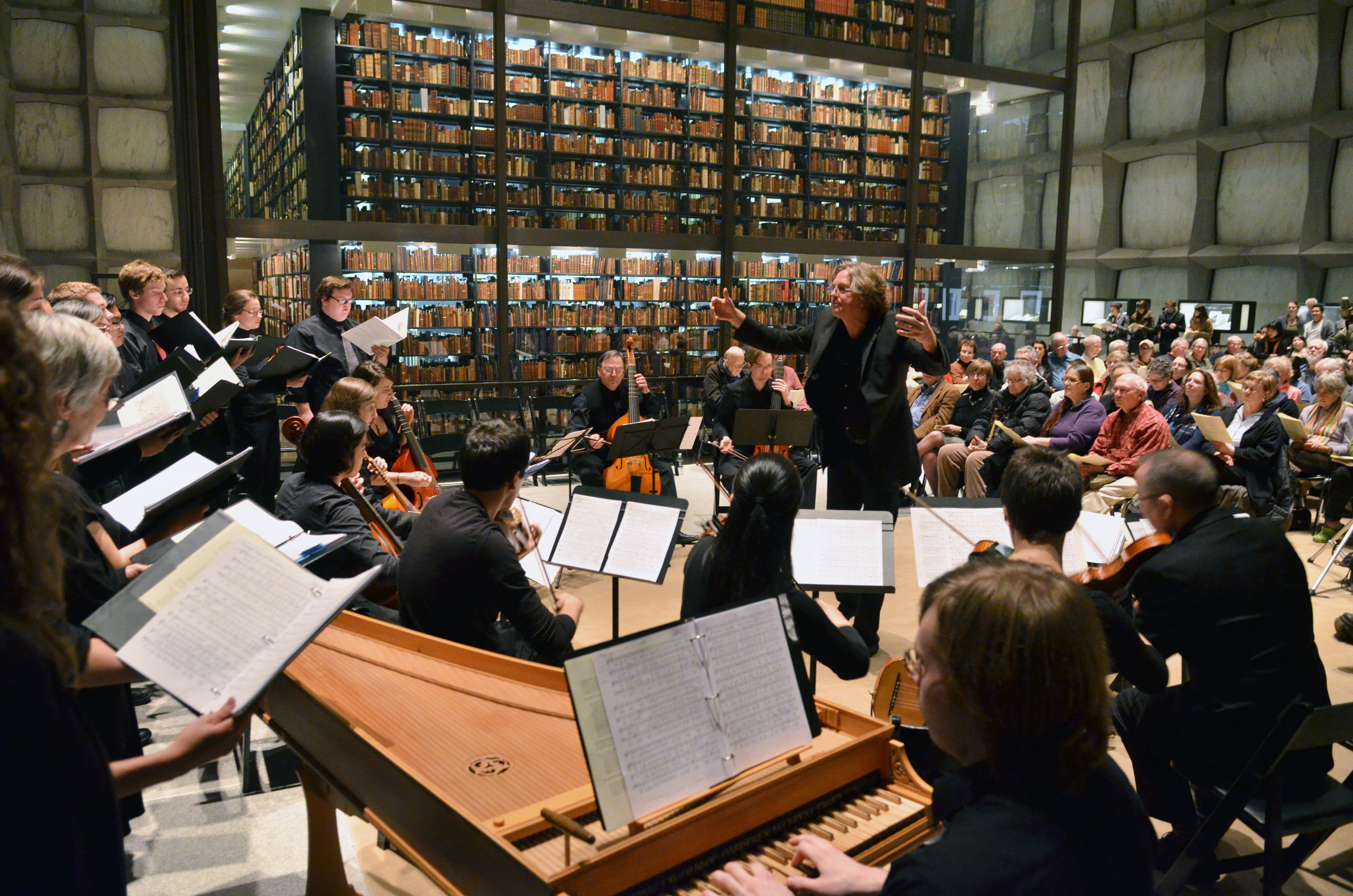 Students perform a concert in the Beinecke Library