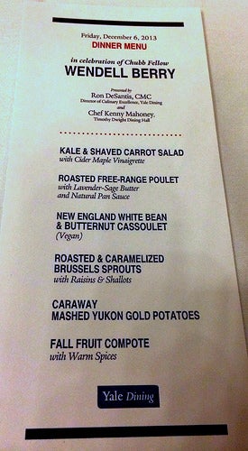 The dinner menu from the Chubb Fellows' dinner with Wendell Berry.