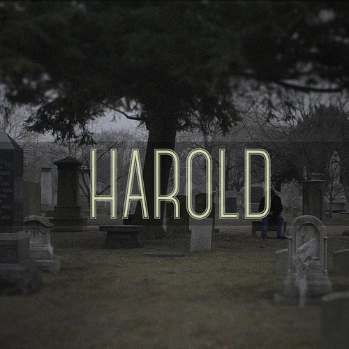 The promotional poster for &quot;Harold, depicting a man sitting alone in a graveyard.