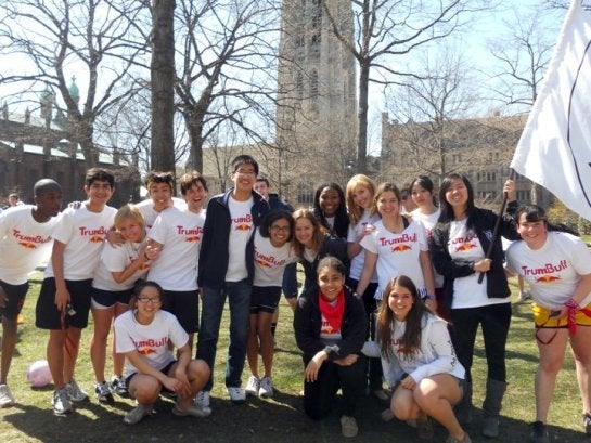 A group of Trumbull College freshmen, wearing shirts spoofing the Red Bull logo.