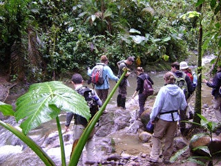 A group of students in hiking gear carefully exploring a riverbank.