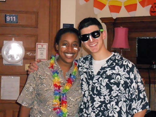 Author Joshua and his friend Jimmitti in their tropical tourists costumes.