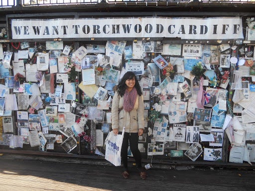Michelle in front of a fan shrine for the &quot;Doctor Who&quot; spinoff series &quot;Torchwood&quot;.