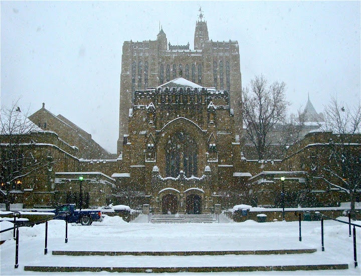 Sterling Memorial Library during a snowstorm.