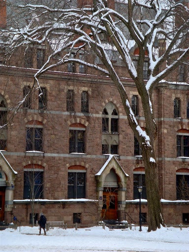 a residential college in the snow.