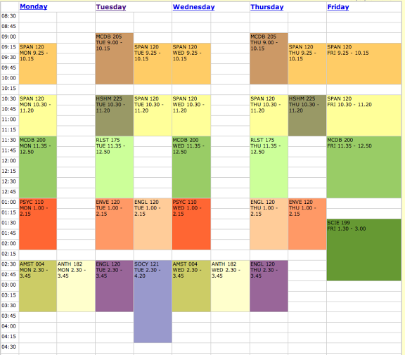 A class schedule filled with 13 conflicting courses.