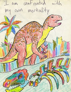A coloring-book page of a dinosaur and its skeleton, captioned &quot;I am confronted with my own mortality&quot;.