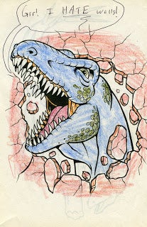 A coloring book page. A T-Rex bursting through the background, saying &quot;Grr! I HATE Walls!&quot;
