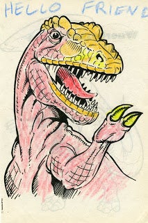A picture of a tyrannosaurus colored-in with crayons, saying &quot;Hello friend&quot;.