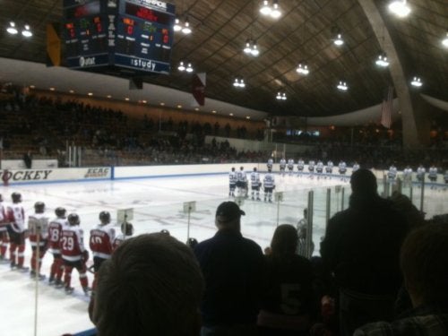 The Yale hockey team lined up on the ice.