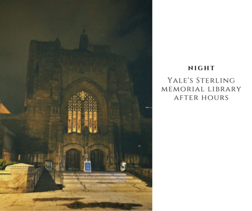 Sterling Memorial Library at night