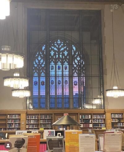 Picture of Law library window and shelves of books