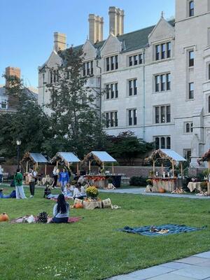 Silliman courtyard with people on the lawn and small shacks with food