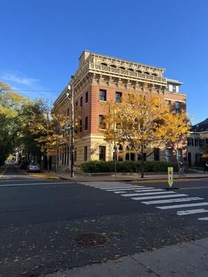 Picture of a building on College St and yellow leaves