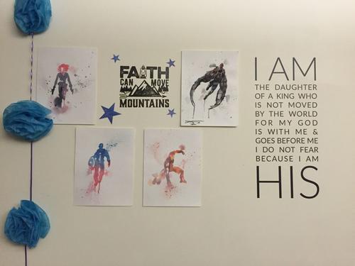 Common Room Wall with watercolor Avengers paintings and Bible verse