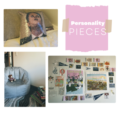 Collage featuring a photo of a pillow, a wall full of prints, and a bean bag and books. 