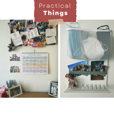 Left photo features a calendar, a board full of photos and prints and picture frames. Right photo features a wall organizer with face masks. 