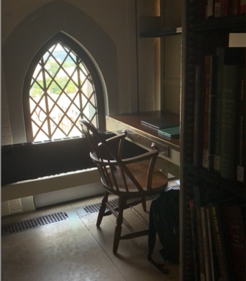 A desk next to a window near bookshelves