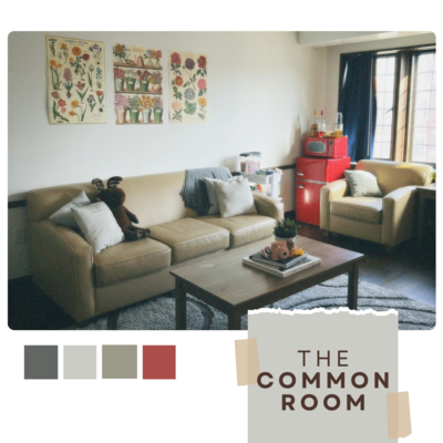 A living room area with a couch and lounge chair. Three walls posters on the wall. 