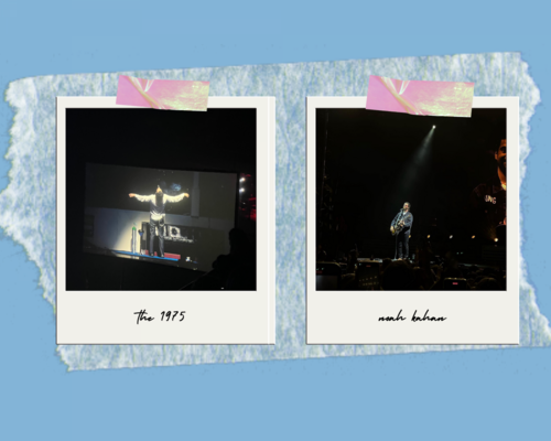 two polaroid photos of a singer on stage illuminate by a spotlight