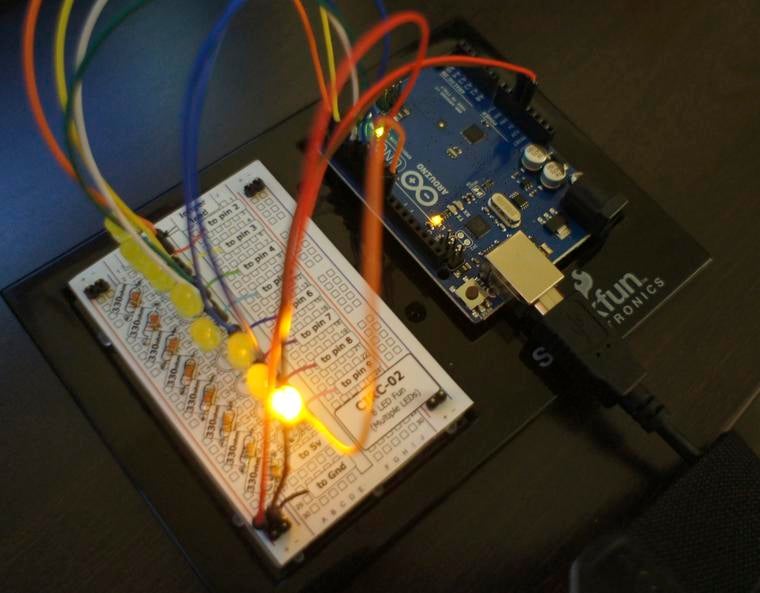 An LED circuit connected with wires to an Arduino controller.