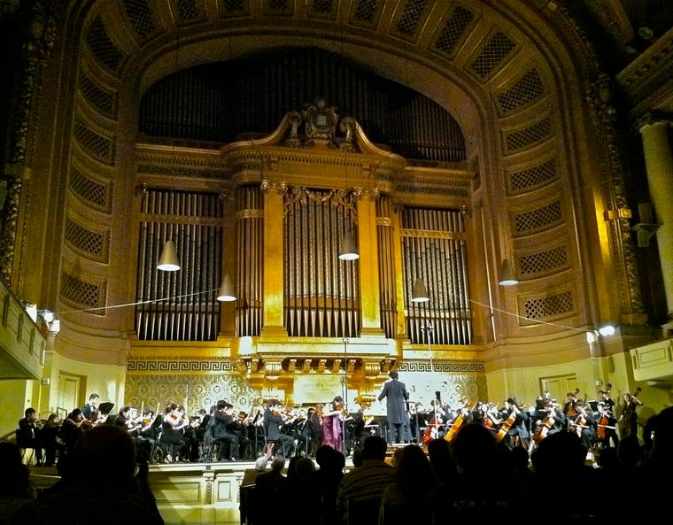The Yale Symphony Orchestra playing beneath Woolsey Hall's famous pipe organ.