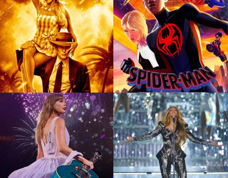 Collage of pop culture moments, including Taylor Swift, Barbenheimer, Beyonce, and Spiderman