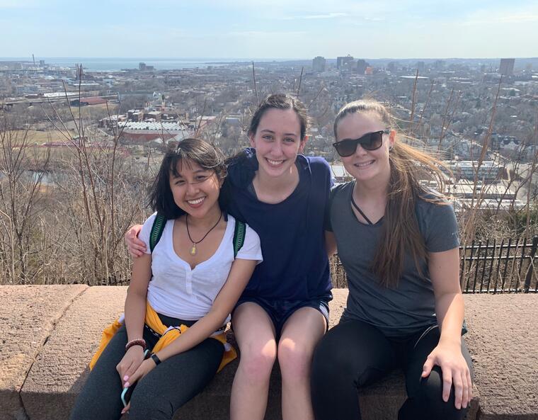 3 girls pose overlooking New Haven