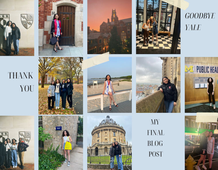 Collage of a variety of photos including friends, a graduate, and the Yale campus