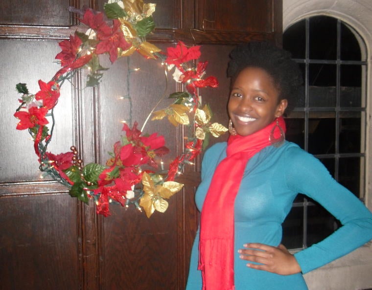 The author with a festive wreathe.