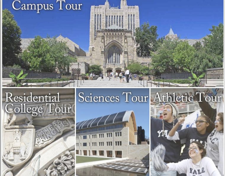 Tour options for the Yale University Virtual Tour: Campus Tour, Residential College Tour, Sciences Tour, Atheltic Tour.