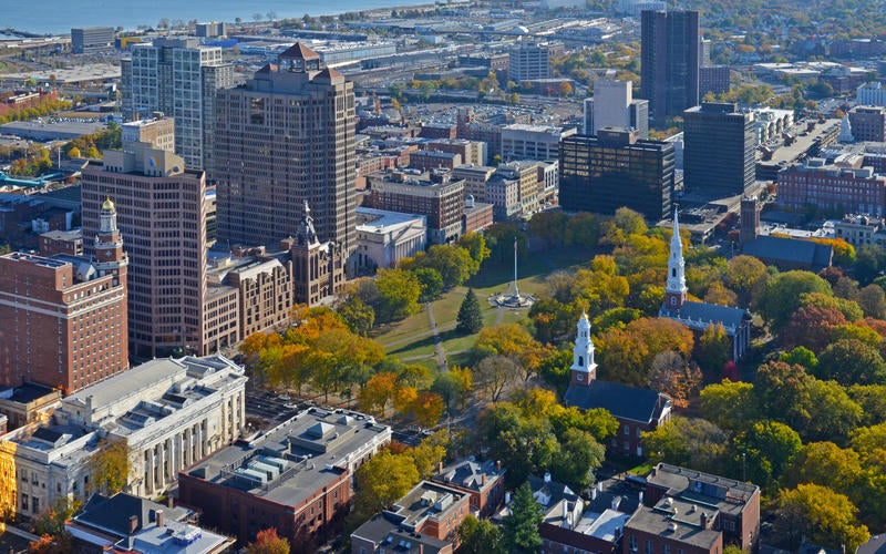 Aerial view of the New Haven Green.