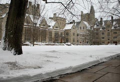 The Branford College courtyard blanketed in snow.