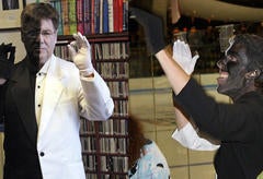 Left: A man facing front, in a suit and facepaint that is half one color and half another. Right: A student dressed the same way.
