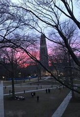 Harkness tower in front of a pink and purple sunset