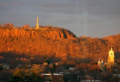 East Rock glowing in the sunset.
