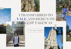 A collage featuring photos of a girl in cap and gown, in Yale merch, and the Yale campus