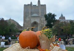 Sterling Memorial library with a pumpkin and cornucopia in the foreground